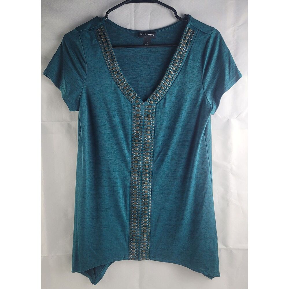 I.N Studio teal, short-sleeve V-neck top Sz Small